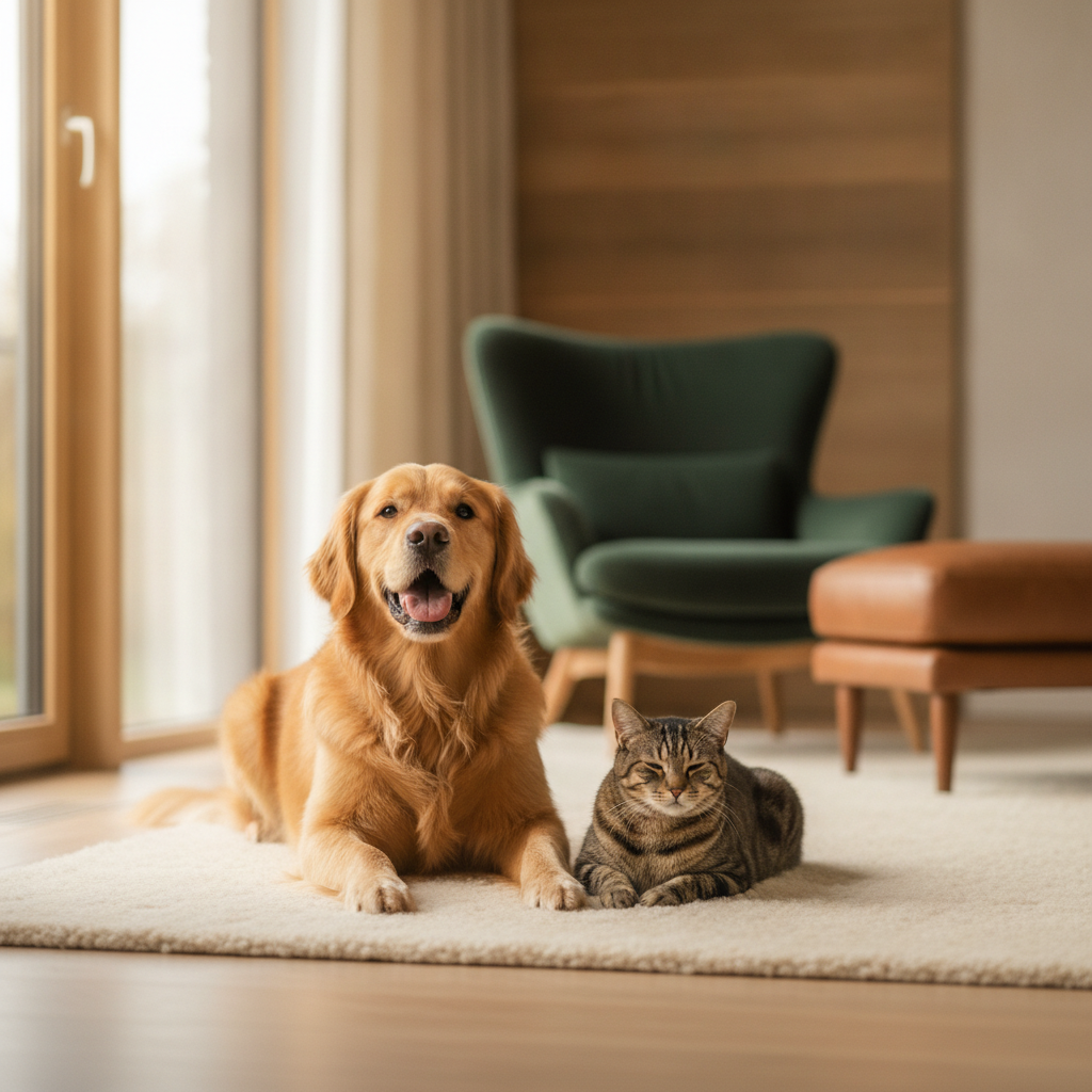 A happy golden retriever and tabby cat relaxing together in a bright modern home